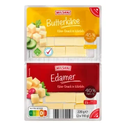 MILSANI Käse-Snack in Würfeln- Hartkäse & Käse Am Stück Bei Aldi Nord.