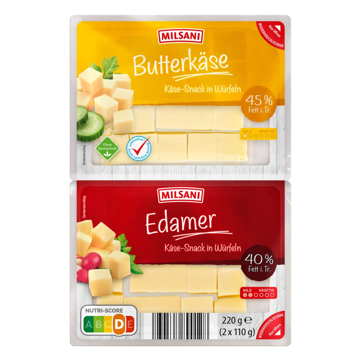 MILSANI Käse-Snack in Würfeln- Hartkäse & Käse Am Stück Bei Aldi Nord.